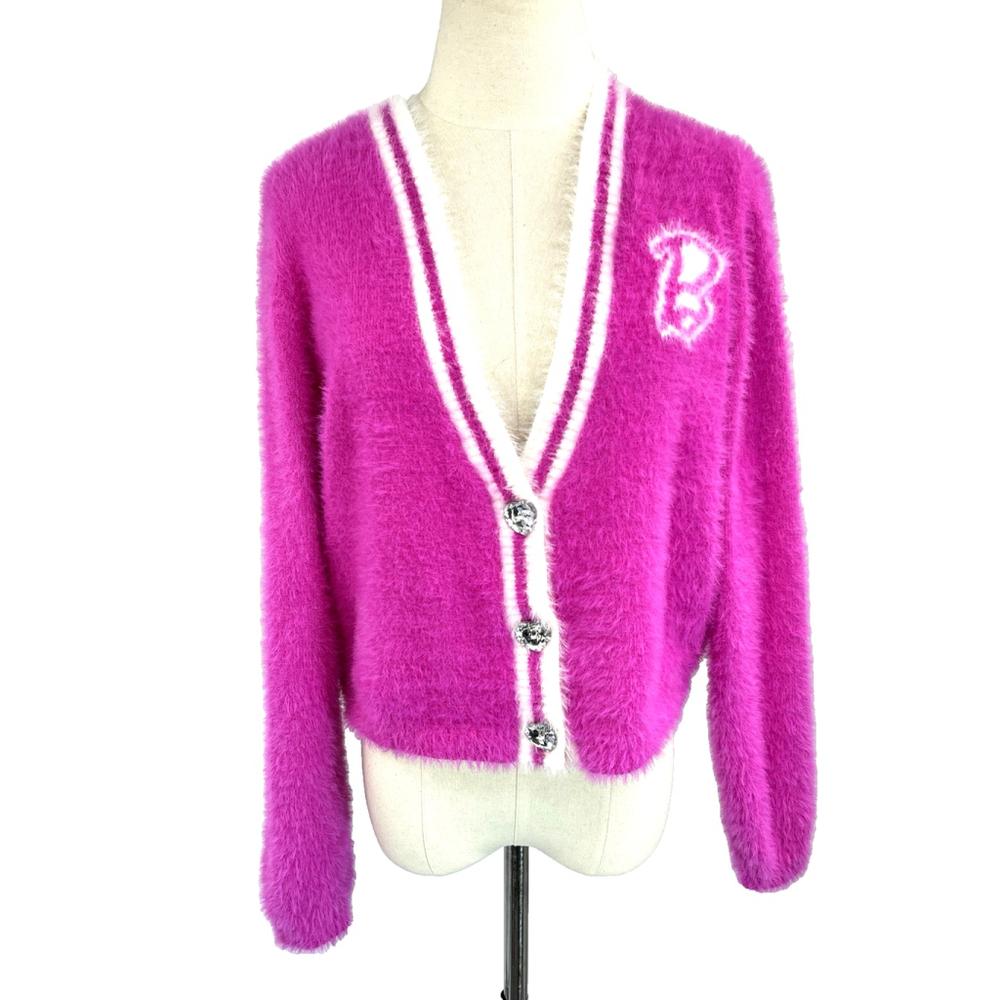 Barbie Womens Pink Fuzzy Cardigan‎ Sweater Varsity Heart Buttons Logo Small